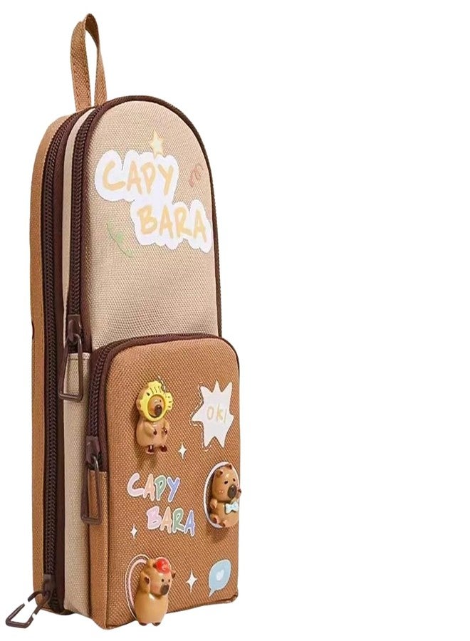 Parshya Canvas Kawaii Pencil Case 3 Compartment Cute Pencil Case for Girls Large Capacity Pen Pencil Pouch Smooth Zipper Multifunctional Stationery Organizer for School Office (HT Brown Bara) - Image 1